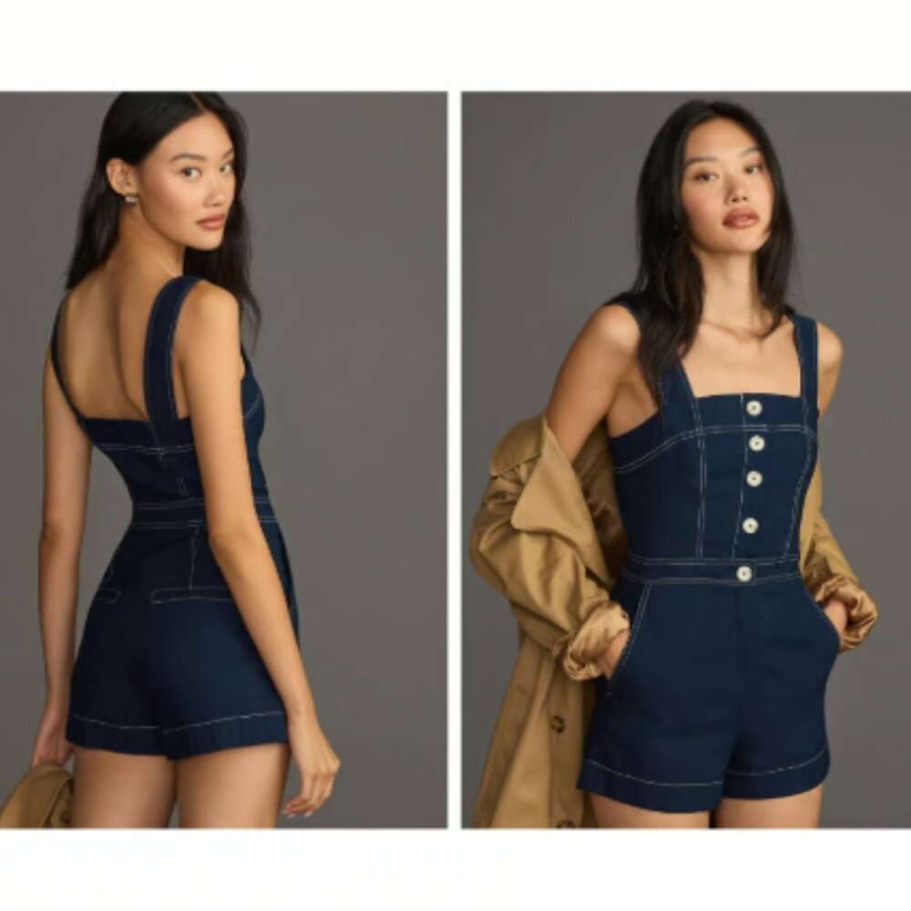 Brand New The Portside Button-Front Romper by Maeve: Denim Edition